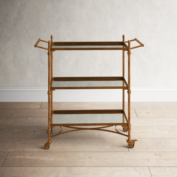 Birch Lane™ Algiers Brass Metal Rolling 3 Mirrored Shelves Bar Cart